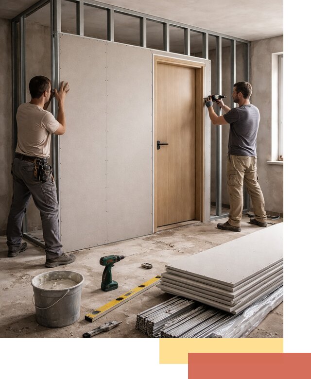 Перегородка из гипсокартона с дверью под ключ в Стерлитамаке