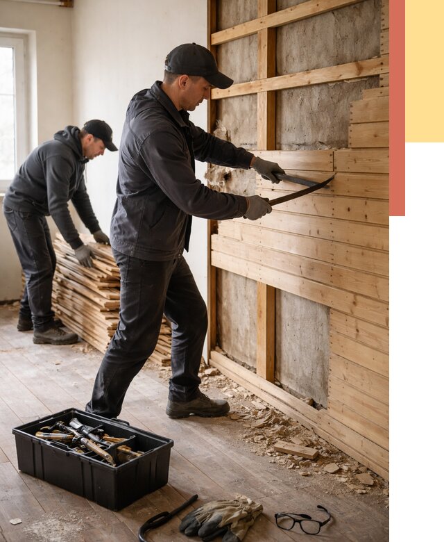 Демонтаж вагонки в Стерлитамаке от 3914 руб/м2 — быстро и недорого | ОТДЕЛОЧНИК-Стм