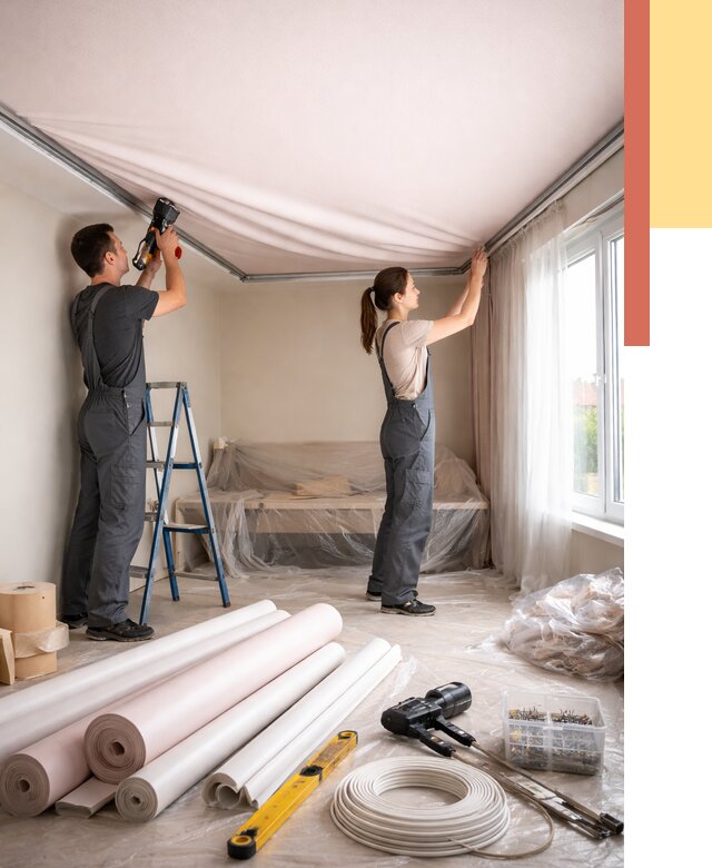 Монтаж цветного натяжного потолка в Стерлитамаке от 4326 руб/м² — быстро и недорого | ОТДЕЛОЧНИК-Стм